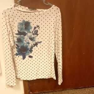 JONES New York Polka Dot Floral Top - Blue and Black and White